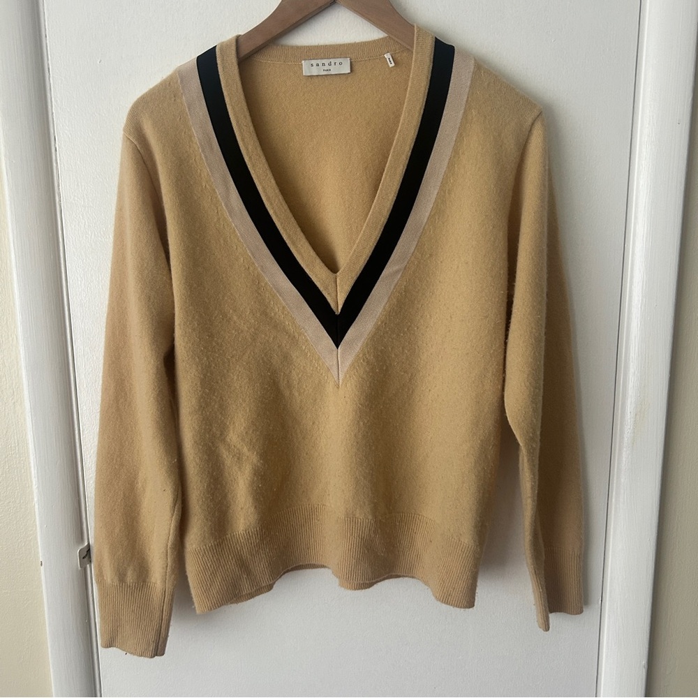 Sandro Tan Varsity V-Neck Sweater